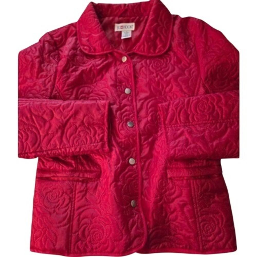 JG Hook Quilted Rose Jacket Red Button Front Collared Pockets Size M